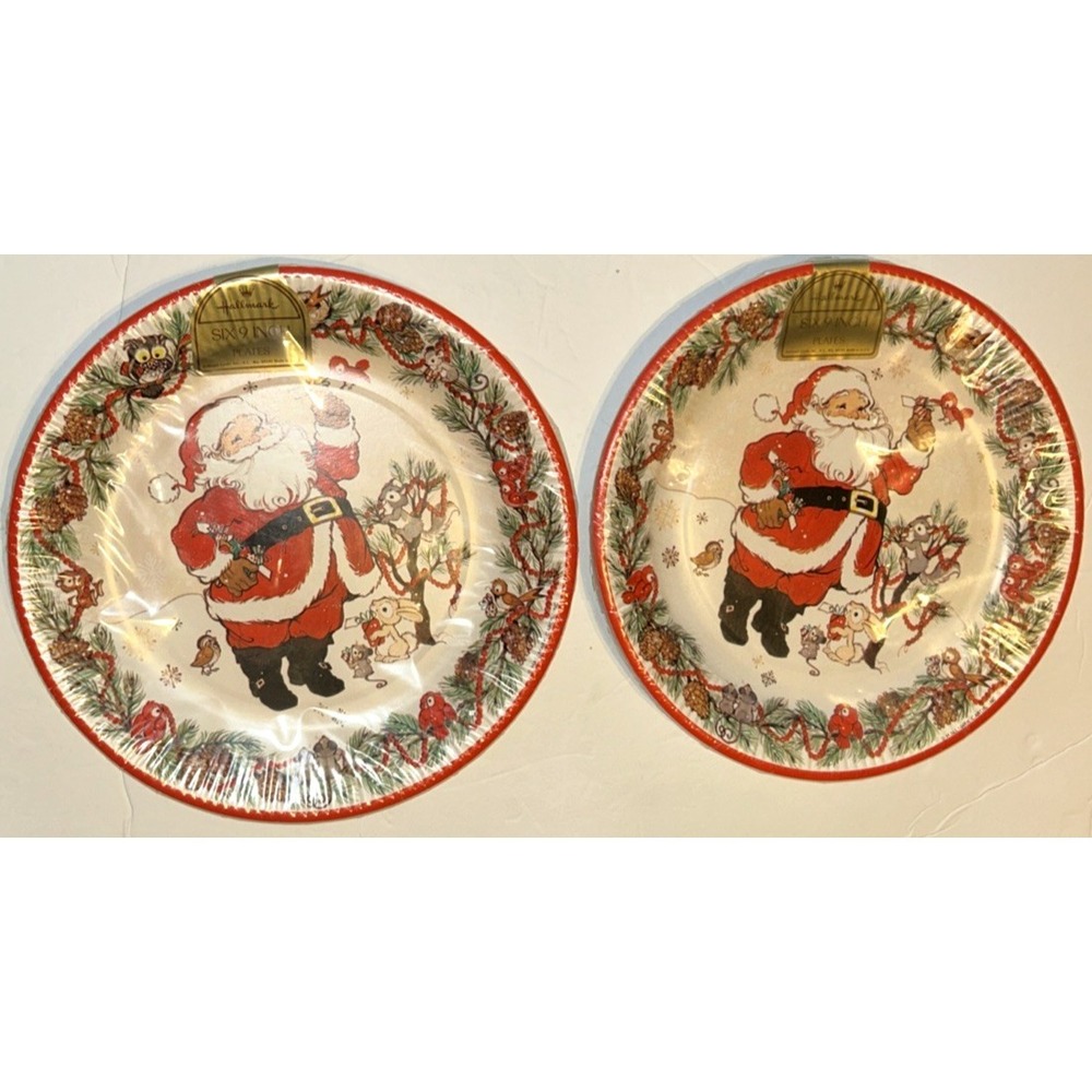 VTG Hallmark NEW Christmas Paper Plates 9"Santa Woodland Animals Sealed Lot Of 2